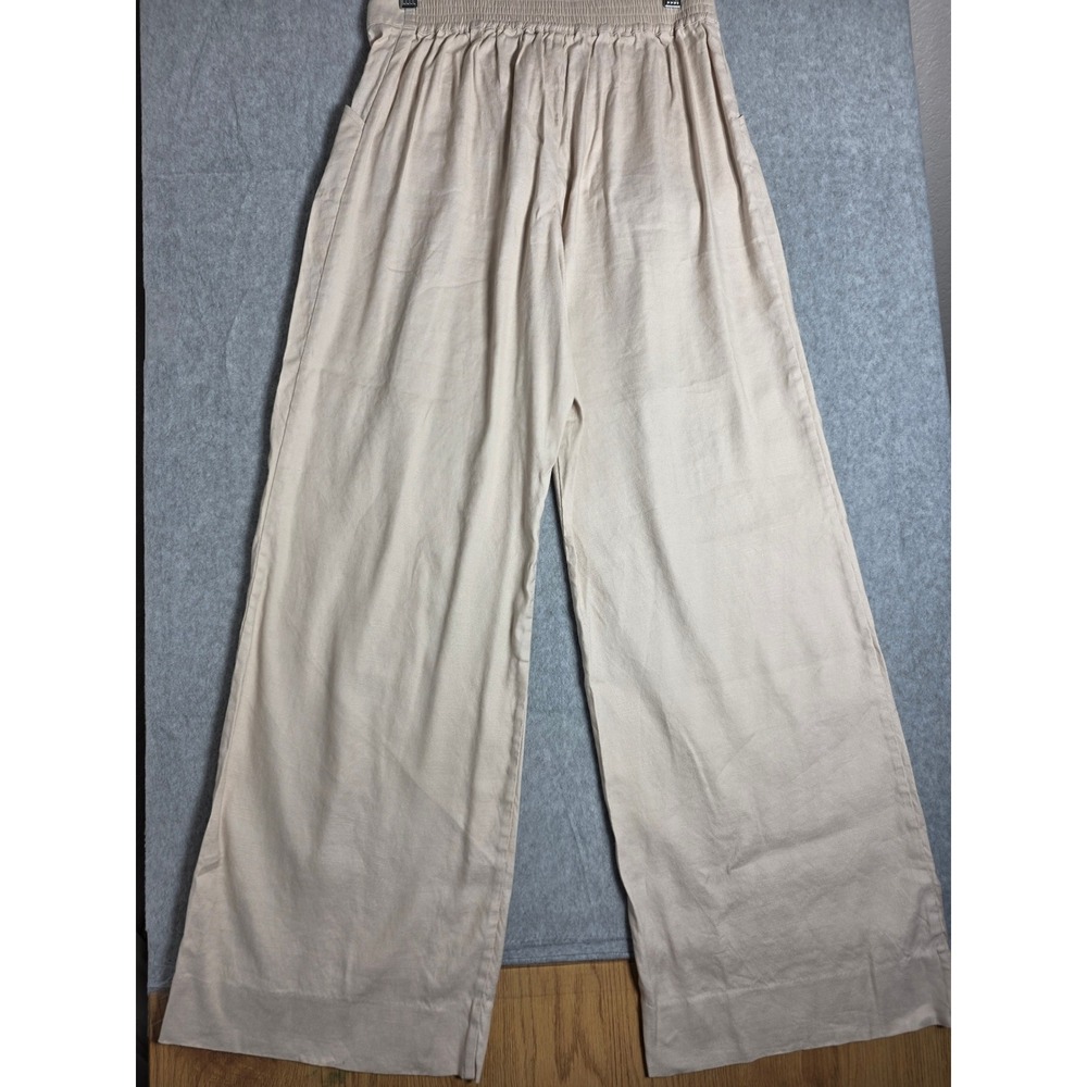 Cabi Wide Leg Trouser Pants Womens 4 Beige Pleated Elastic Back Linen Blend